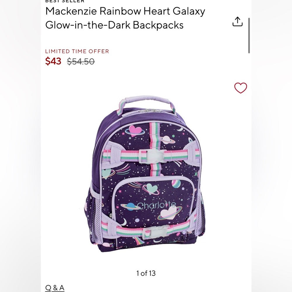 Pottery Barn Mackenzie glow in the dark moons backpack in size small